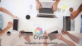  Presentation with african american in computer business - Beautiful PPT theme featuring computers at a desk overhead backdrop and a coral colored foreground