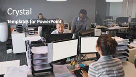  Presentation with business office desk - Beautiful PPT theme featuring computers at desk in office backdrop and a gray colored foreground