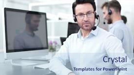  Presentation with call center performance reporting - PPT theme enhanced with computers related - confident call center manager sitting background and a sky blue colored foreground