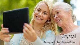  Presentation with young happy people smiling - PPT theme enhanced with computers related - family technology and people concept background and a coral colored foreground