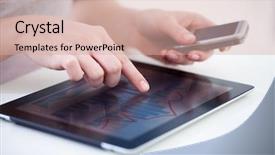  Presentation with digital - PPT theme featuring computers tablets cell phones - close-up of female hands touching background and a soft green colored foreground