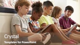  Presentation with children computers - Presentation design having computers tablets cell phones - group of children sit background and a tawny brown colored foreground