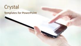  Presentation with social media - Slide deck featuring computers tablets cell phones - hand touching digital tablet social background and a cream colored foreground