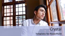  Presentation with coffee - Presentation theme featuring computers tablets cell phones - handsome young businessman drinking coffee background and a light blue colored foreground