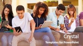  Presentation with high school students - PPT theme enhanced with computers tablets cell phones - high school students collaborating background and a coral colored foreground