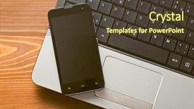  Presentation with smartphone - Presentation theme having computers tablets cell phones - laptop and smartphone on office background and a tawny brown colored foreground