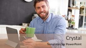  Presentation with using digital tablet - PPT theme having computers tablets cell phones - man eating breakfast whilst using background and a coral colored foreground
