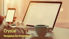  Presentation with fresh man chemistry - Slide set having computers tablets cell phones - man working on notebook background and a  colored foreground