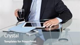  Presentation with coffee cup diary - Slide deck enhanced with computers tablets cell phones - midsection of young businessman background and a light blue colored foreground