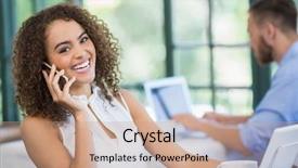  Presentation with restaurant - PPT theme having computers tablets cell phones - portrait of beautiful woman talking background and a coral colored foreground