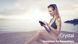  Presentation with young business woman smile show - Beautiful theme featuring computers tablets cell phones - smiling beautiful young woman sitting backdrop and a gray colored foreground