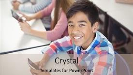  Presentation with digital transformation mobile first - Colorful theme enhanced with computers tablets cell phones - students with digital tablet backdrop and a coral colored foreground