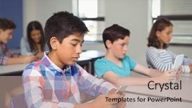  Presentation with students - Cool new PPT theme with computers tablets cell phones - students with digital tablet backdrop and a coral colored foreground