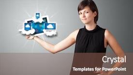  Presentation with tablet - PPT theme featuring computers tablets phones - beautiful young woman holding tablet background and a tawny brown colored foreground