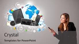  Presentation with browsing security - Audience pleasing theme consisting of computers tablets phones - beautiful young woman standing backdrop and a light gray colored foreground