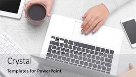  Presentation with electronics - Presentation theme featuring computers tablets phones - concept of using electronics businesswoman background and a light gray colored foreground