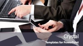  Presentation with computer - PPT theme enhanced with computers tablets phones - hands of people working background and a dark gray colored foreground