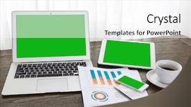  Presentation with cup coffee - Colorful presentation design enhanced with computers tablets phones - laptop tablet smartphone and coffee backdrop and a white colored foreground