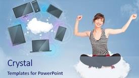  Presentation with customer service face of pretty - Colorful presentation enhanced with computers tablets phones - pretty young girl sitting backdrop and a light blue colored foreground