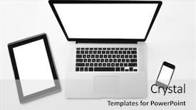  Presentation with desk - Amazing slide deck having computers tablets phones - tablet phone and laptop backdrop and a light gray colored foreground