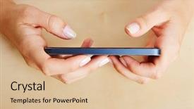  Presentation with smartphone - Colorful presentation design enhanced with hand of woman holding cup of hot tea with lemon warming beverage for autumn or winter backdrop and a coral colored foreground