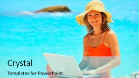  Presentation with cheerful stylish city girl using - Theme featuring computers water - girl using laptop background and a  colored foreground