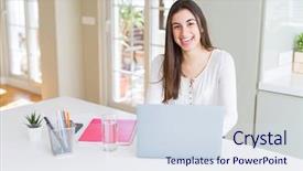  Presentation with happy smiling woman dental health - Presentation theme with computers water - young beautiful woman smiling happy background and a sky blue colored foreground