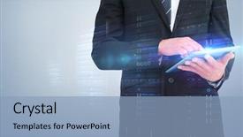  Presentation with tablet - Cool new PPT theme with computing data - businessman touching his tablet pc backdrop and a light blue colored foreground