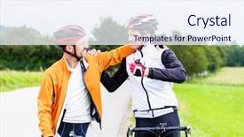  Presentation with victory sport - Beautiful theme featuring comrades - bicyclists doing fitness sport embrace backdrop and a sky blue colored foreground