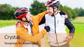  Presentation with victory sport - PPT theme consisting of comrades - bicyclists doing fitness sport embrace background and a yellow colored foreground