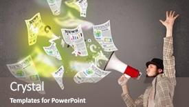  Presentation with newspapers - Audience pleasing presentation design consisting of comunicar - handsome guy yelling into loudspeaker backdrop and a  colored foreground