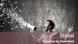  Presentation with young man holdng laptop on lap money - Theme having comunicar - young man in casual screaming background and a  colored foreground