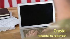  Presentation with rear view of bodyguard - Presentation theme enhanced with comunicacion militar - rear view of soldier using background and a coral colored foreground