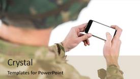  Presentation with mobile technology - PPT layouts enhanced with military technology - soldier using a mobile phone background and a coral colored foreground