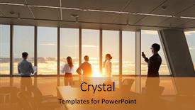  Presentation with office mix of people - Slides enhanced with comunication team - silhouettes of business people background and a  colored foreground