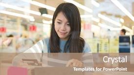  Presentation with using digital tablet - PPT layouts consisting of comutication - woman using digital tablet computer background and a coral colored foreground