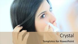  Presentation with woman in labor - PPT theme featuring concealed - beautiful brunette woman applying concealer background and a coral colored foreground