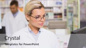  Presentation with hospital pharmacy - Beautiful PPT theme featuring concentrate pharmacist looking at computer at the hospital pharmacy backdrop and a white colored foreground