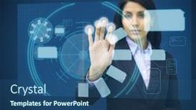  Presentation with hologram - Theme consisting of concentrate woman touching a hologram against blue background background and a ocean colored foreground