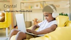  Presentation with headphones - Beautiful slide set featuring concentrated-adorable-schoolkid-in-headphones backdrop and a coral colored foreground