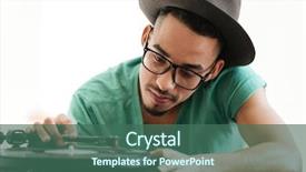  Presentation with record player - Colorful presentation theme enhanced with concentrated african man in t-shirt eyeglasses and hat sitting by the table and using record-player backdrop and a ocean colored foreground