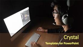  Presentation with computer room - Theme with concentrated asian male gamer sitting background and a tawny brown colored foreground