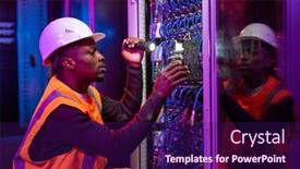  Presentation with server - Presentation featuring concentrated-black-workman-in-hardhat background and a violet colored foreground