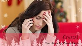  Presentation with snowflakes - Presentation theme having concentrated brunette on the phone on christmas day against fir tree forest and snowflakes background and a red colored foreground