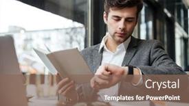  Presentation with business book - Amazing PPT layouts having concentrated business man sitting by the table in cafe with laptop computer while holding book and looking at wristwatch backdrop and a violet colored foreground