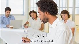  Presentation with writing - Slide set having concentrated businessman writing document colleagues meeting background office background and a white colored foreground