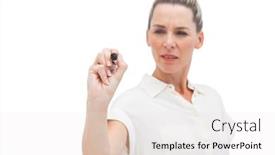  Presentation with writing pen - PPT layouts featuring concentrated businesswoman writing something with pen background and a sky blue colored foreground