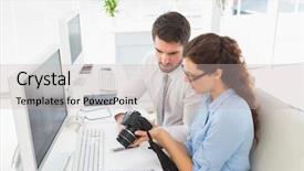  Presentation with coworkers - Amazing presentation design having concentrated coworkers holding digital camera in the office backdrop and a soft green colored foreground