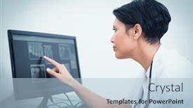  Presentation with dentist - Audience pleasing PPT layouts consisting of concentrated female dentist looking at x-ray on computer backdrop and a light blue colored foreground