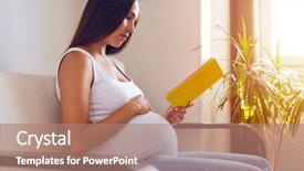  Presentation with pregnancy - Amazing PPT theme having concentrated future mother reading pregnancy backdrop and a coral colored foreground